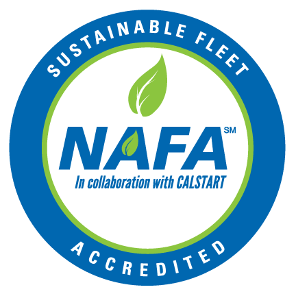 circular logo with phrase "Sustainable Fleet Accredited" surrounding the words "NAFA in collaboration with Calstart"