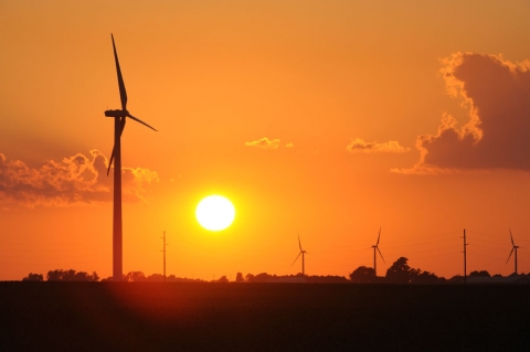 Picture of a Wind turbine at sunset at the RailSplitter Wind Farm