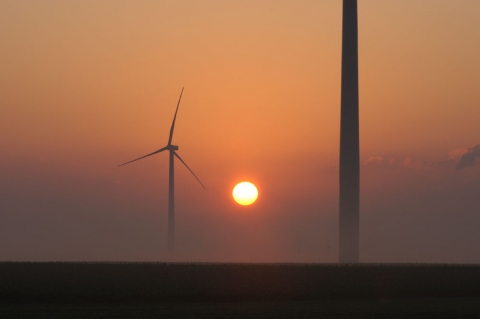 Picture of a Wind turbine at sunrise at the RailSplitter Wind Farm