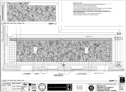 construction drawing of Lincoln Hall green roofs, showing placement of individual plants